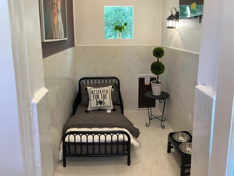 Gray-themed luxury boarding suite with bed, TV, and food bowls