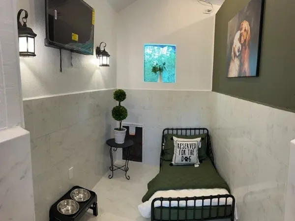 Green-themed boarding room with bed and TV